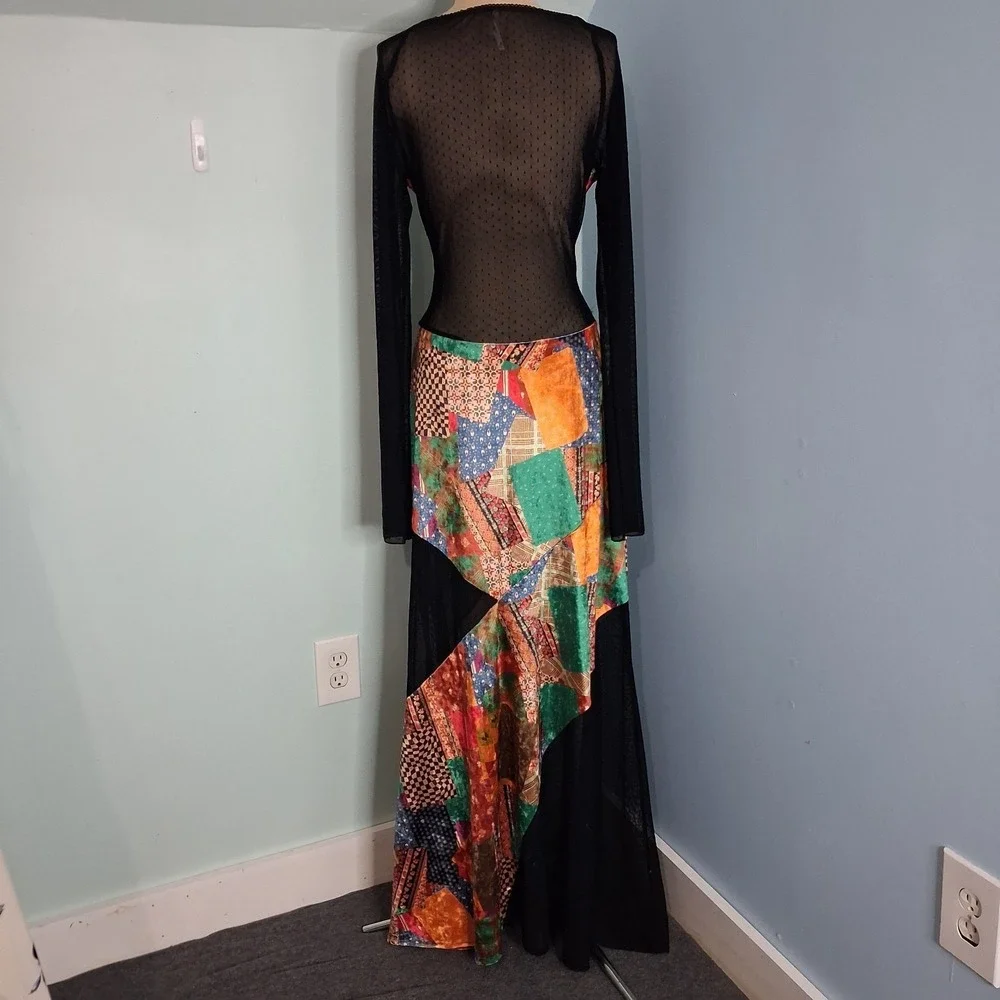 Free People Parker Patchwork Maxi Dress Sz L Sheer Back Velvet Boho Chic